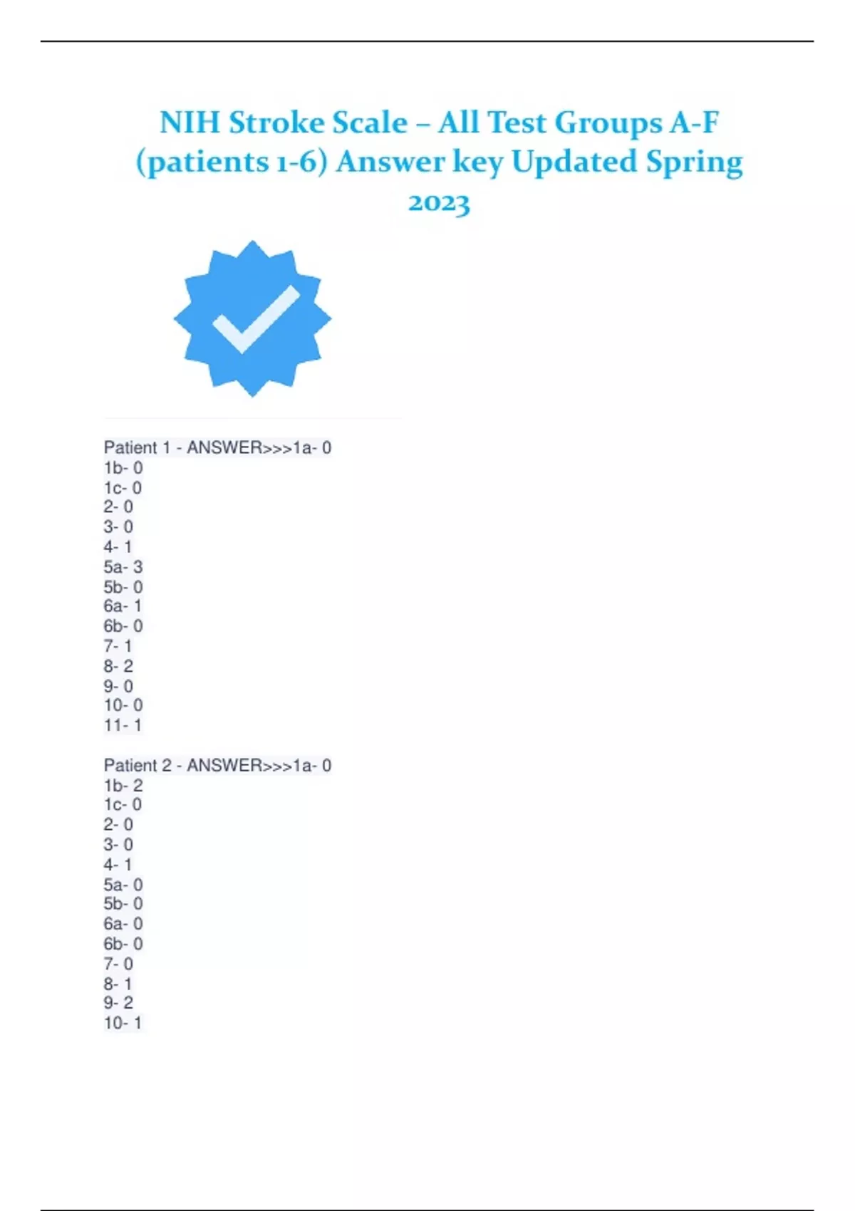 NIH Stroke Scale – All Test Groups A-F (patients 1-6) Answer Key ...
