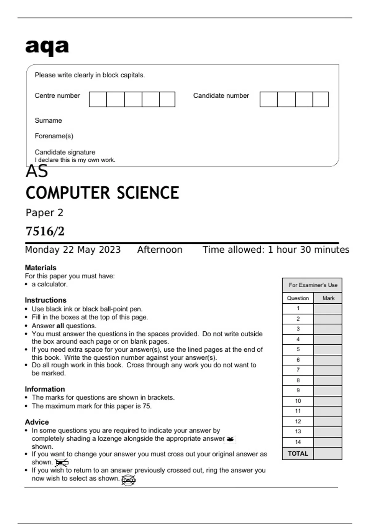 aqa AS COMPUTER SCIENCE Paper 2 (7516/2) May 2023 Question Paper. - AS ...