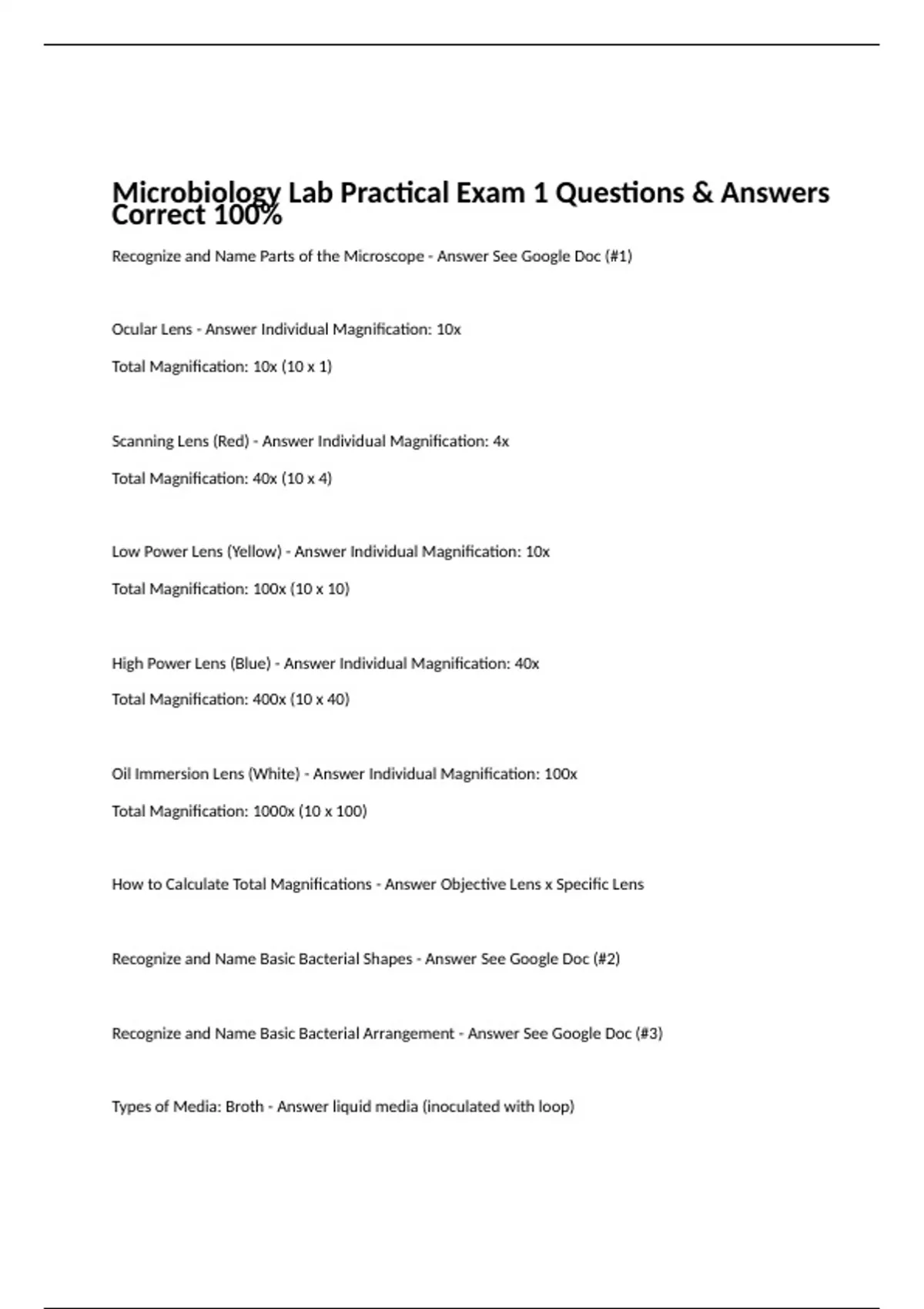 Microbiology Lab Practical Exam 1 Questions & Answers Correct 100