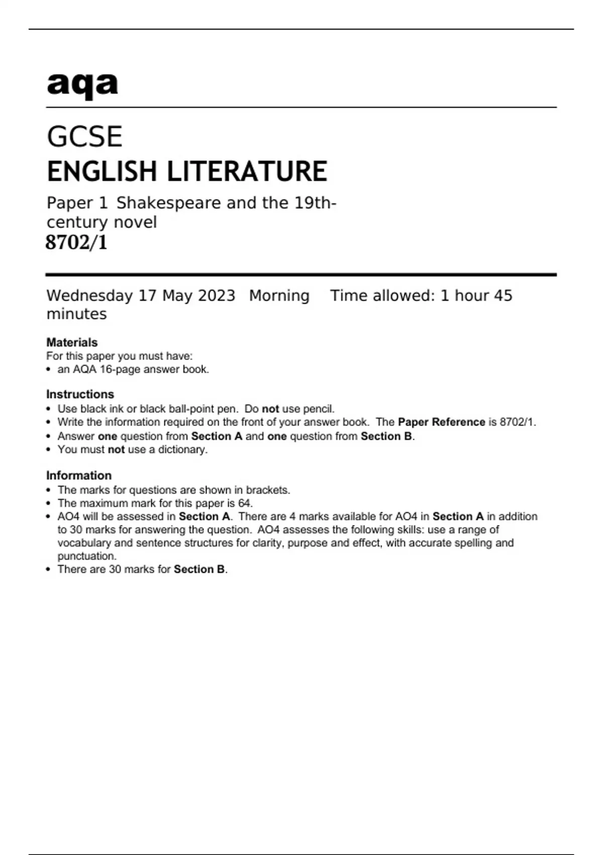 aqa GCSE ENGLISH LITERATURE Paper 1 Shakespeare and the 19th-century ...