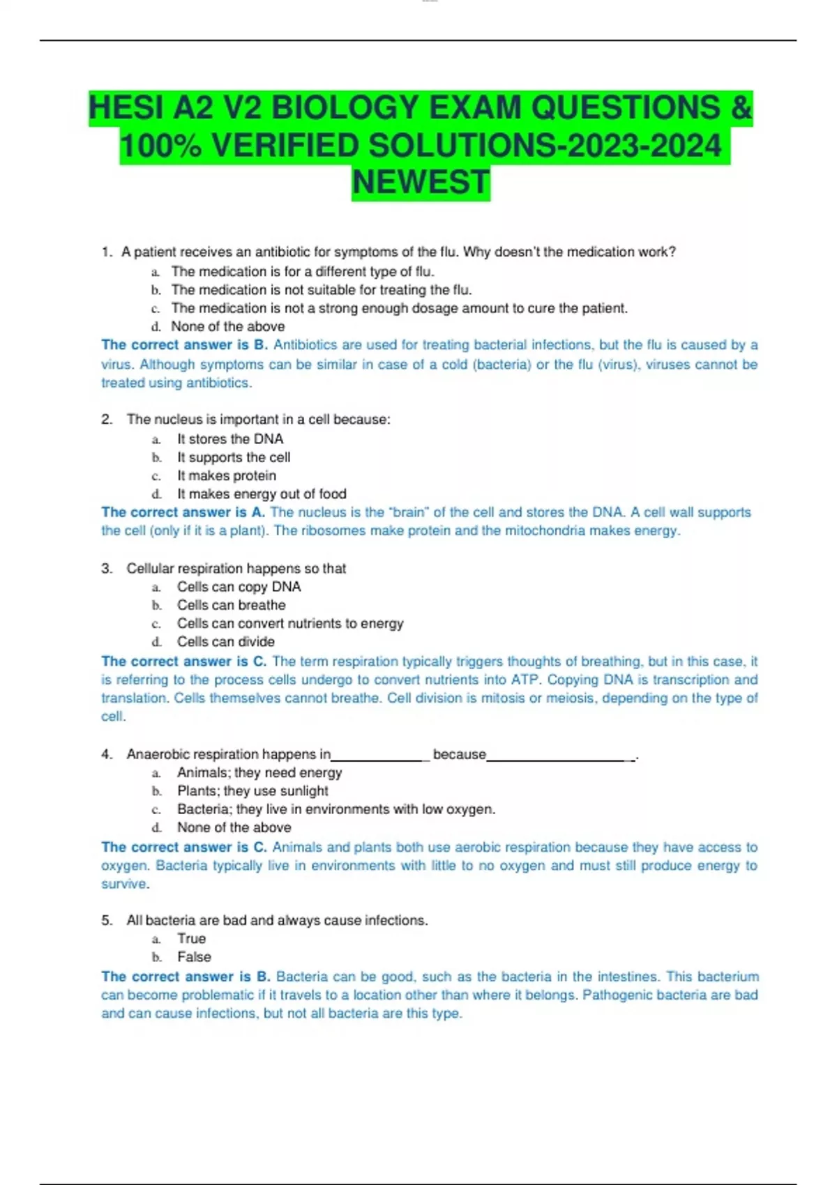 HESI A2 V2 BIOLOGY EXAM QUESTIONS & 100 VERIFIED SOLUTIONS20232024