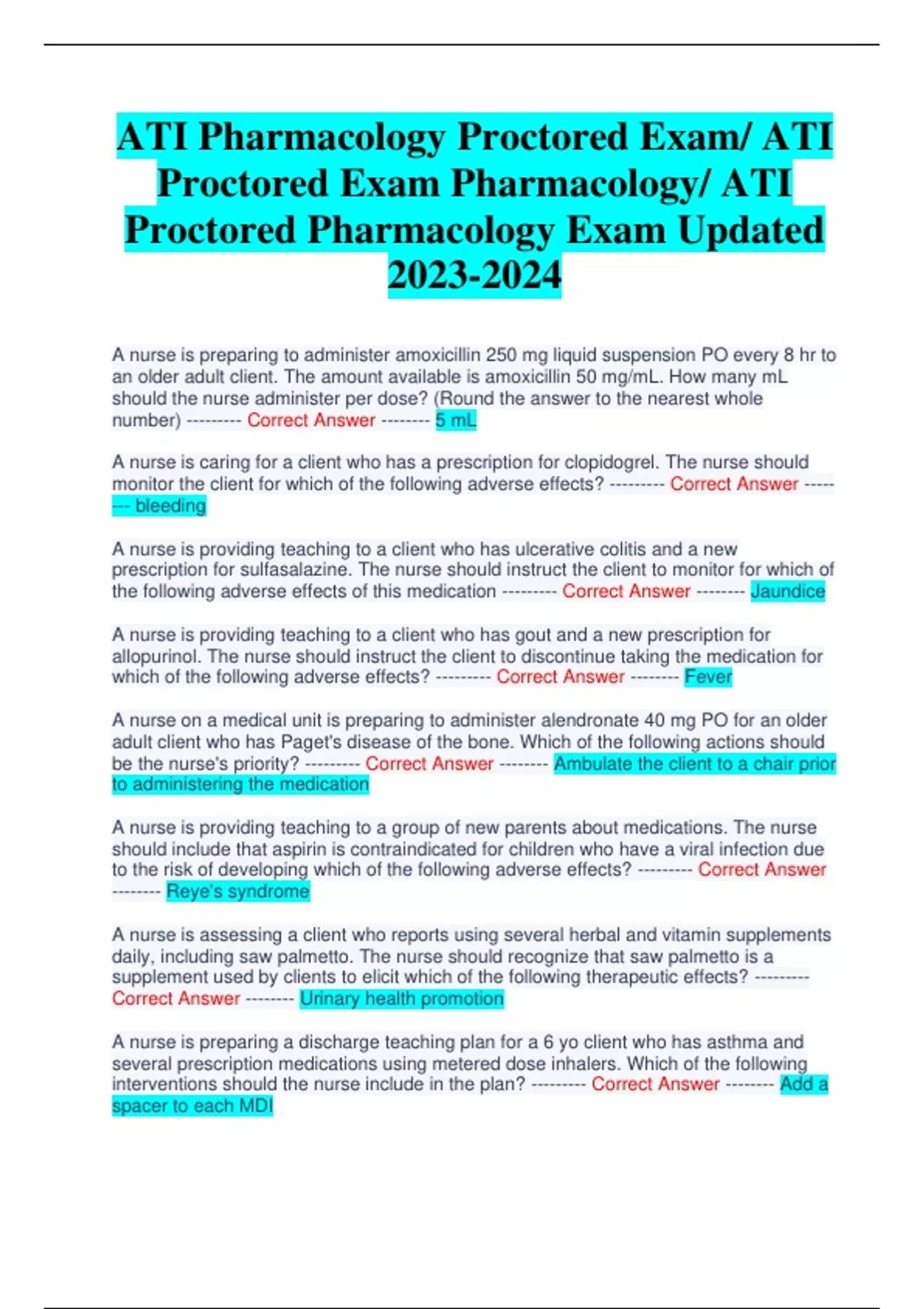 ATI Pharmacology Proctored Exam/ ATI Proctored Exam Pharmacology/ ATI