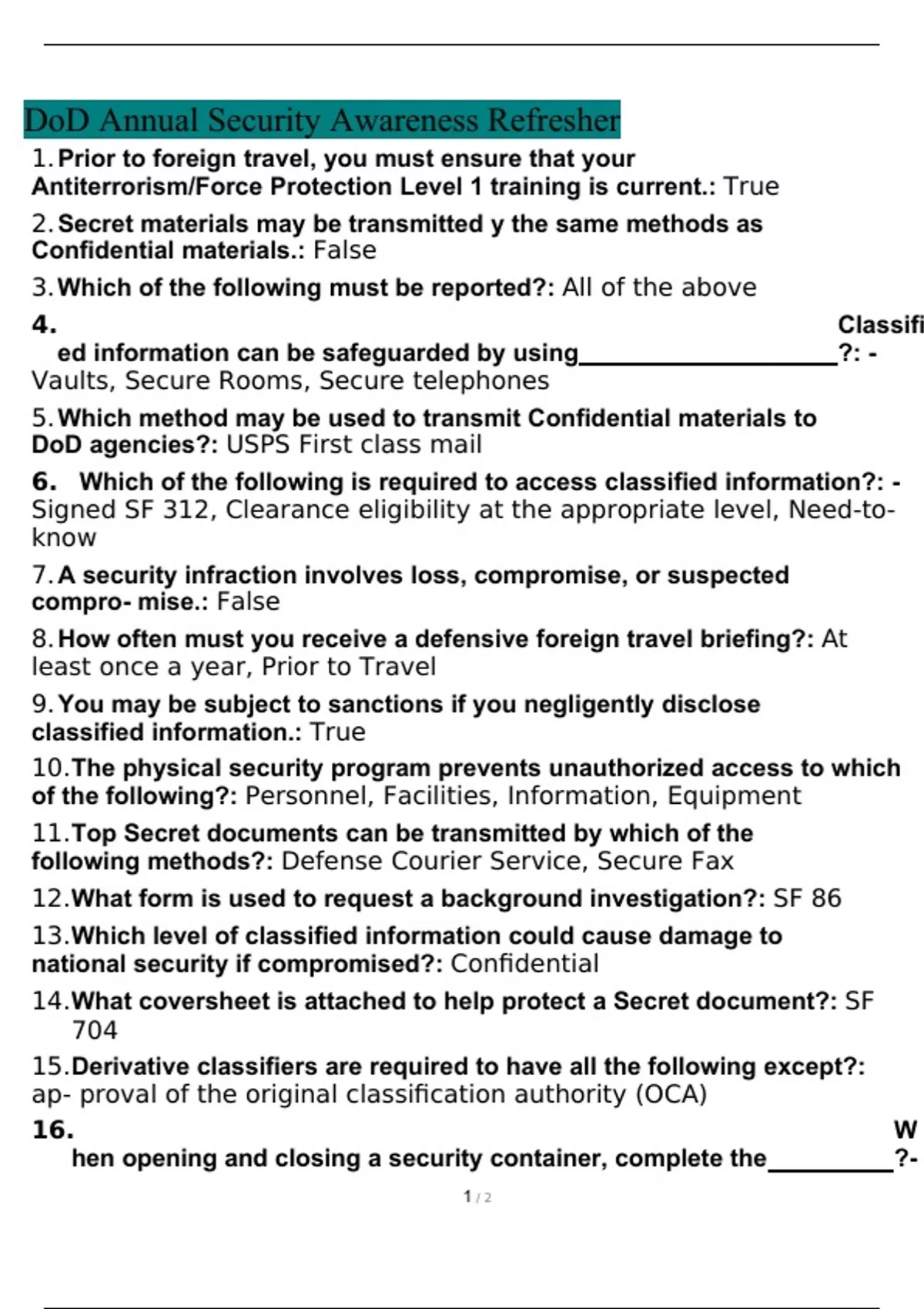 DoD Annual Security Awareness Refresher 2022/2023 Verified Answers
