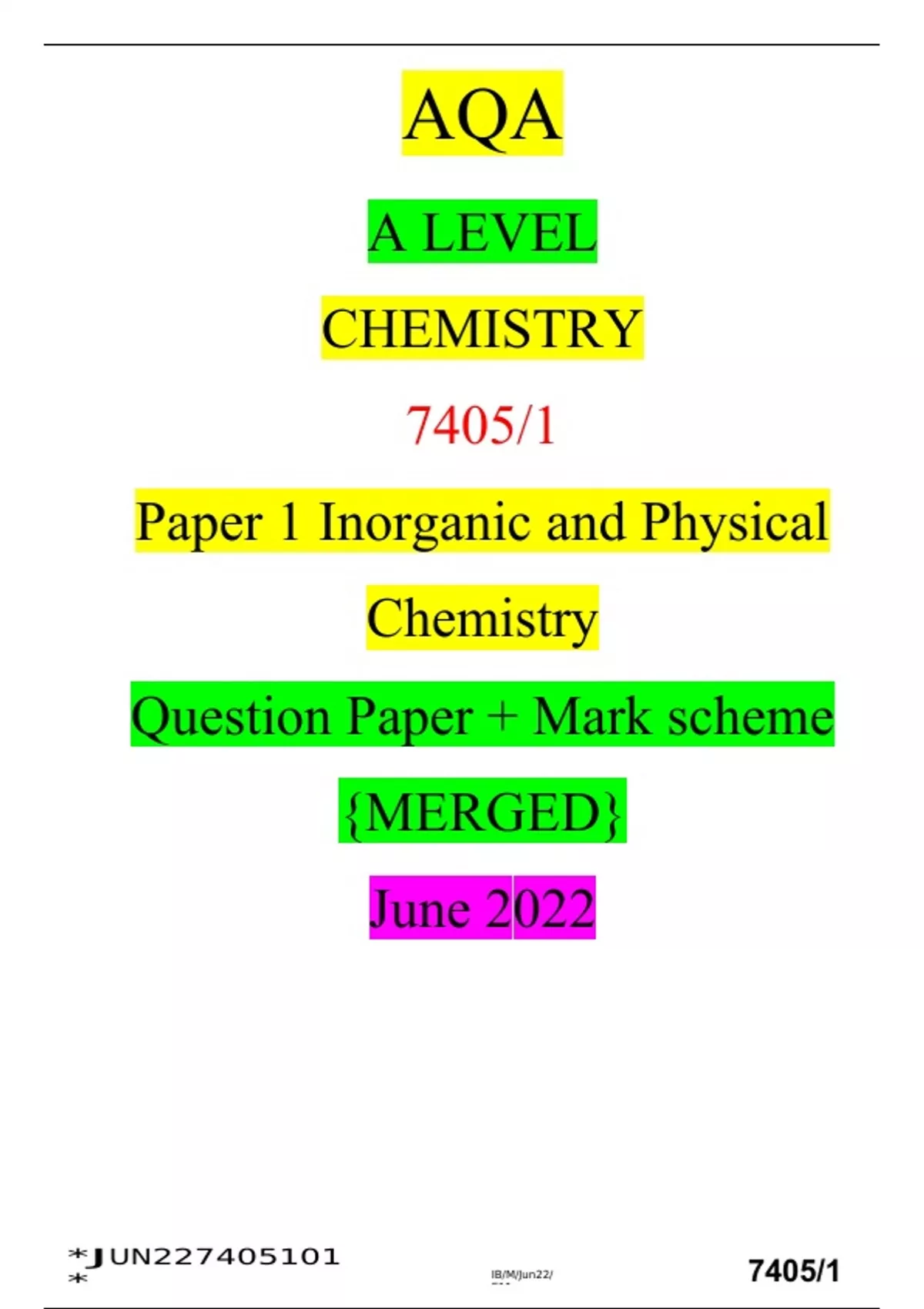 AQA A LEVEL CHEMISTRY 7405/1 Paper 1 Inorganic and Physical Chemistry ...