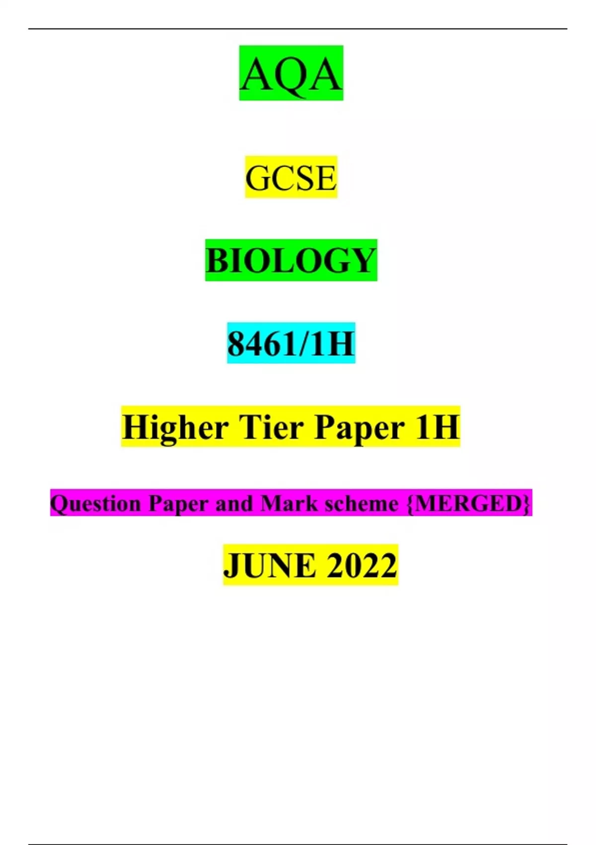 Aqa Gcse Biology 8461 1h Higher Tier Paper 1h Question Paper And Mark