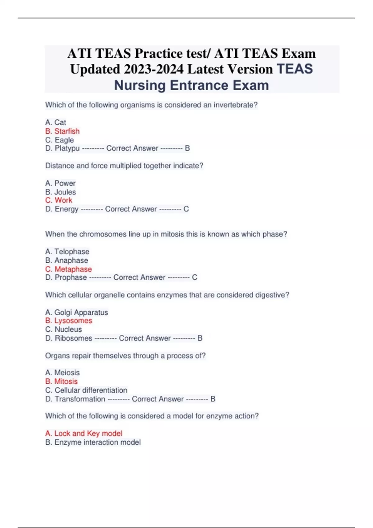 ATI TEAS Practice Test ATI TEAS Exam Updated Latest Version TEAS 