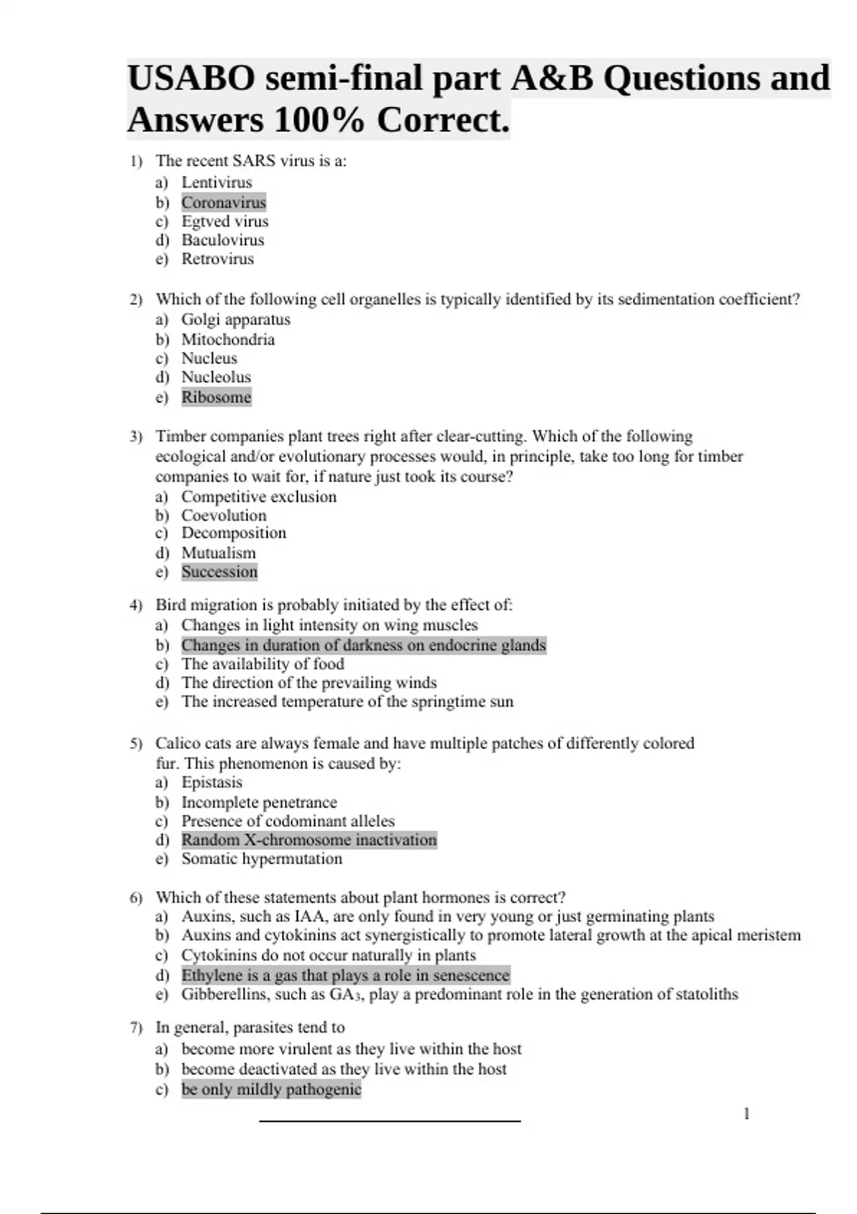 USABO semifinal part A&B Questions and Answers 100 Correct. USABO