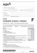 AQA GCSE MAY 2023 COMBINED SCIENCE SYNERGY  FOUNDATION  TIER 8465 PAPER 2 ACTUAL PAPER LIFE AND ENVIONMENTAL SCIENCES