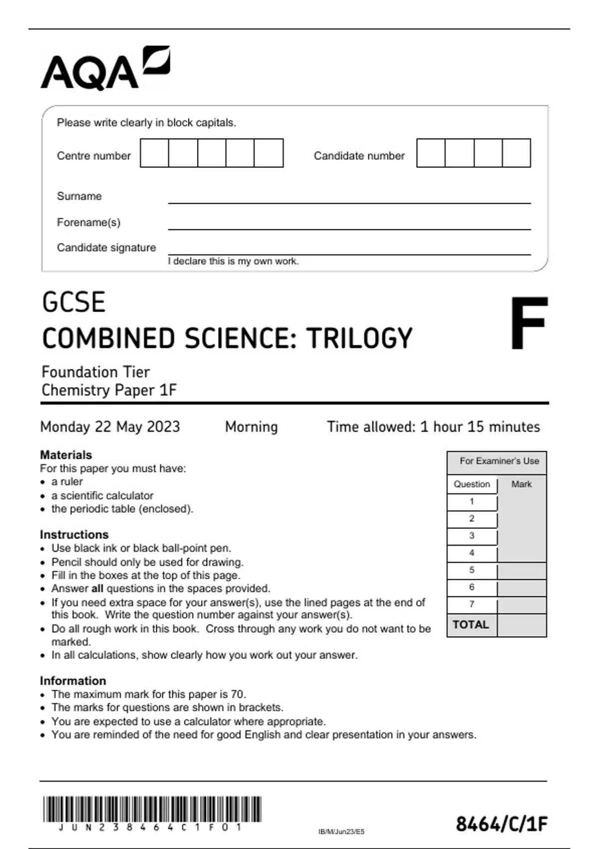 AQA GCSE MAY 2023 COMBINED SCIENCE TRILOGY CHEMISTRY FOUNDATION TIER ...