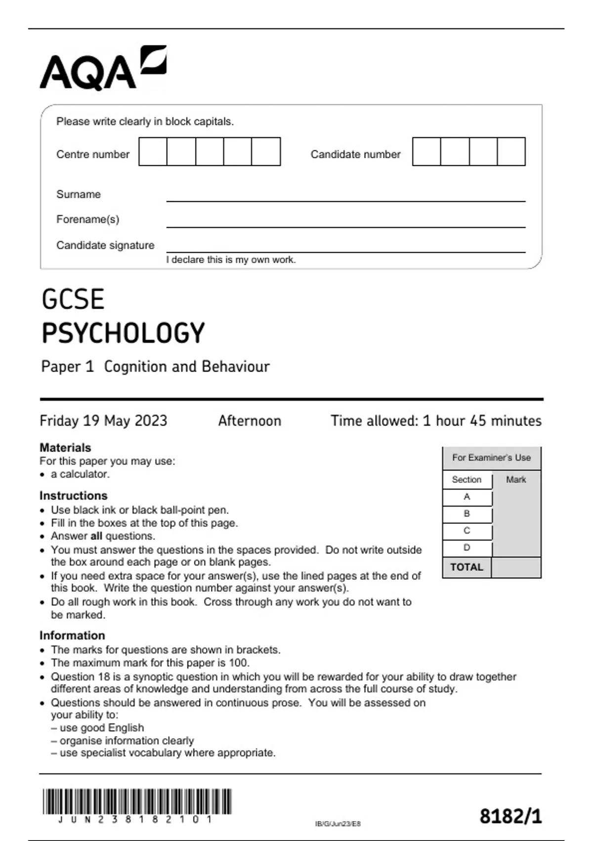 AQA GCSE MAY 2023 PSYCHOLOGY 8182 PAPER 1 COGNITION AND BEHAVIOUR - MAY ...