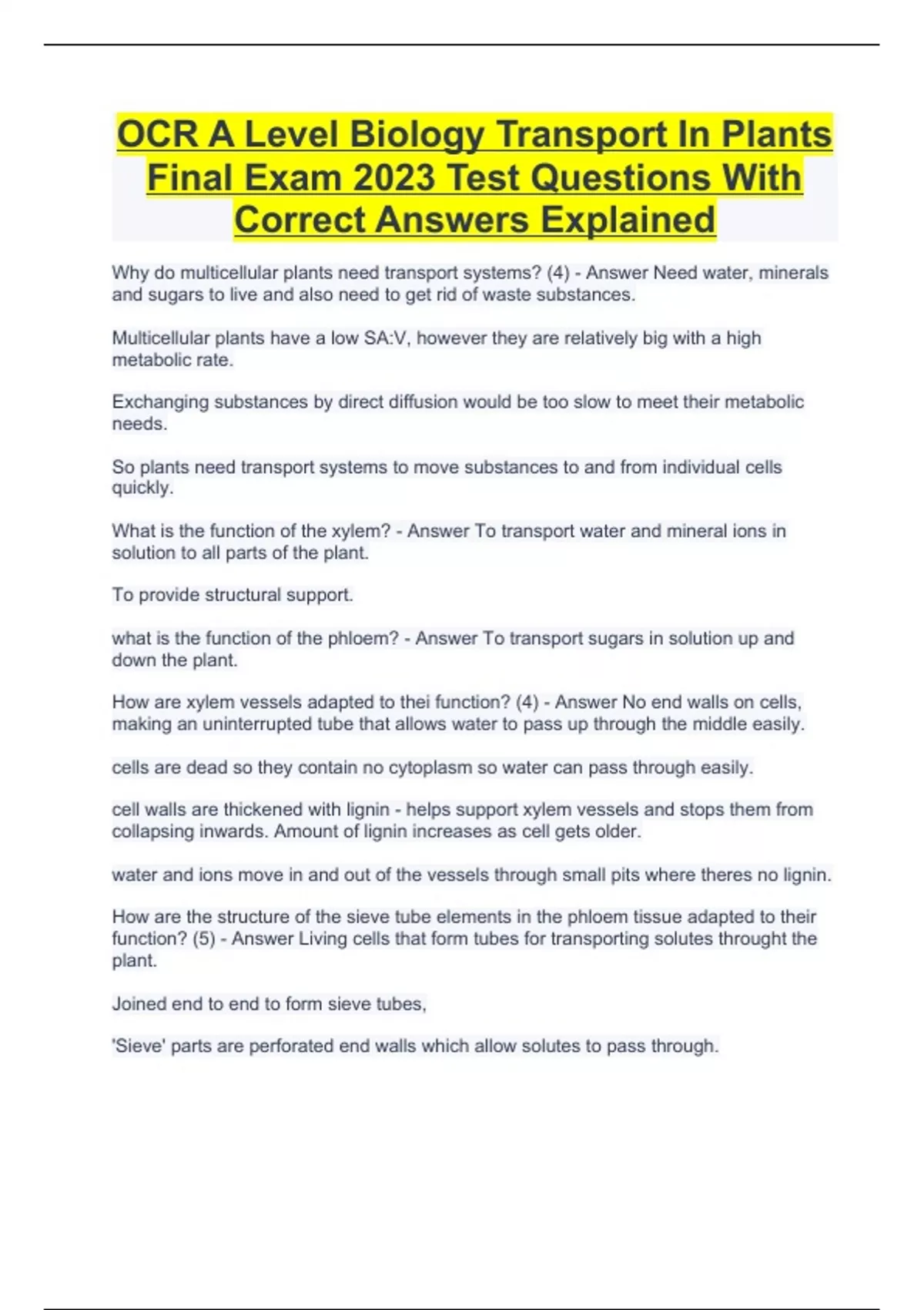 Ocr A Level Biology Transport In Plants Final Exam Test Questions With Correct Answers