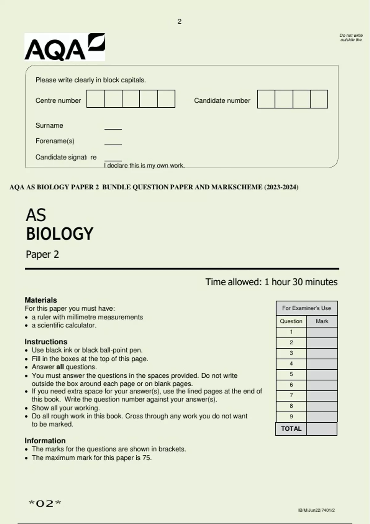 AQA AS BIOLOGY PAPER 2 BUNDLE QUESTION PAPER AND MARKSCHEME () - AQA AS ...