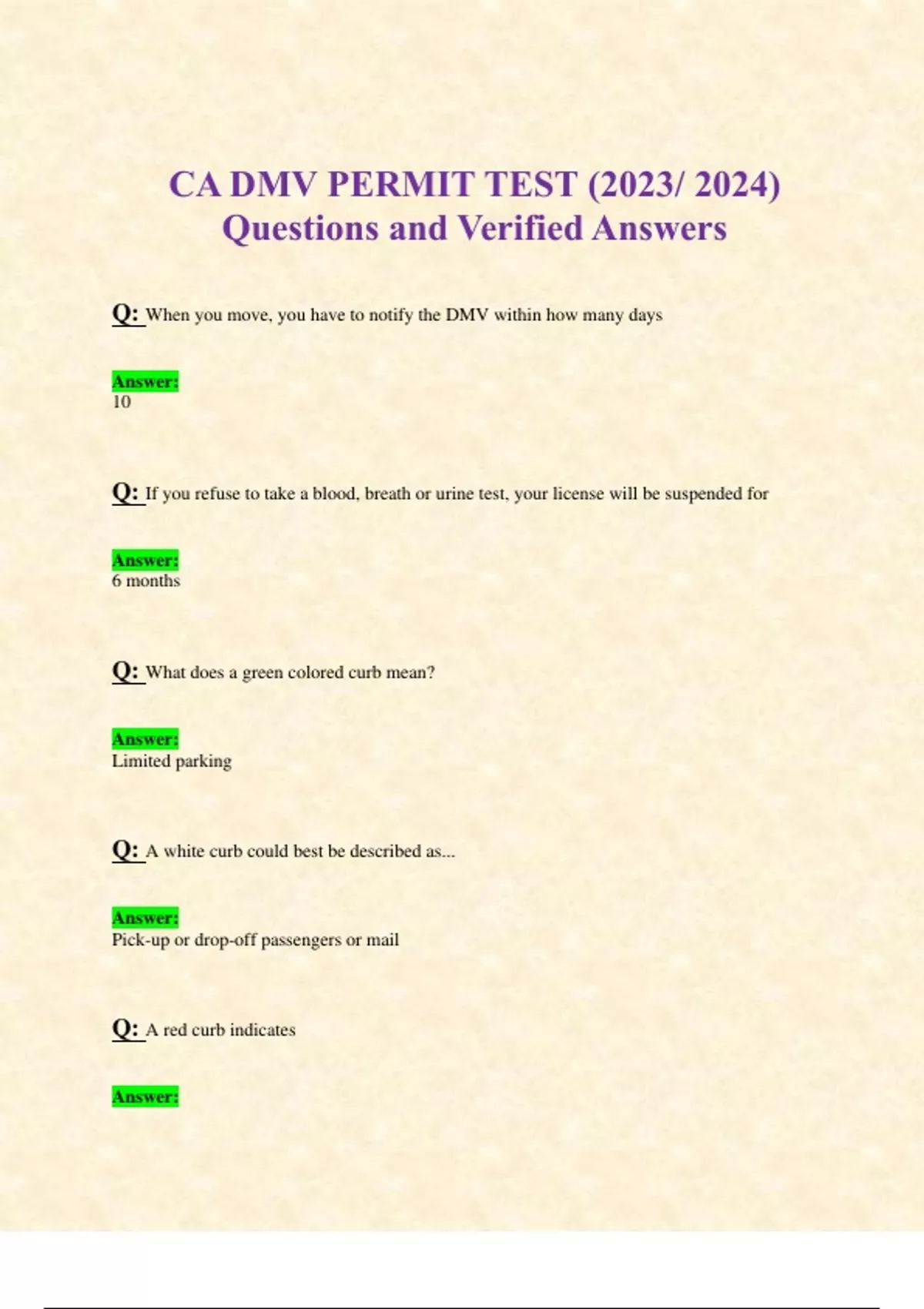 CA DMV PERMIT TEST (2023/ 2024) Questions and Verified Answers CMA