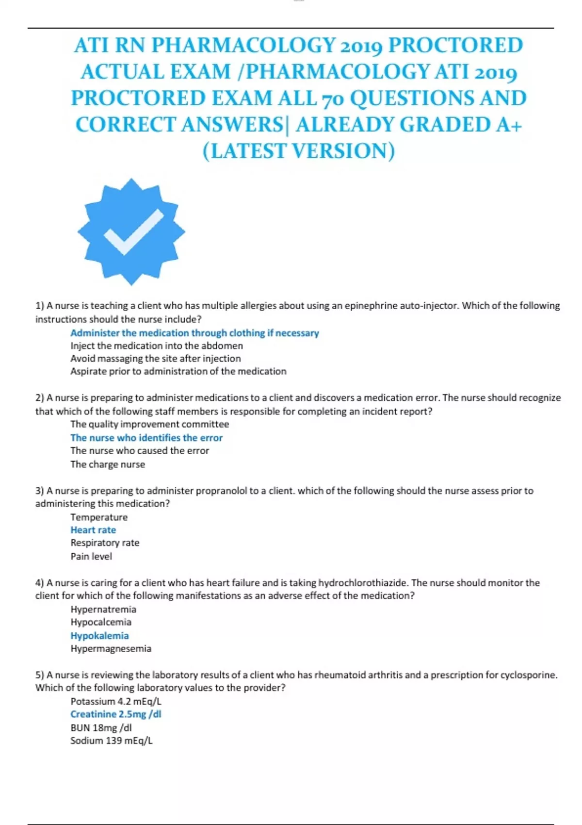 ATI RN PHARMACOLOGY 2019 PROCTORED ACTUAL EXAM /PHARMACOLOGY ATI 2019 ...