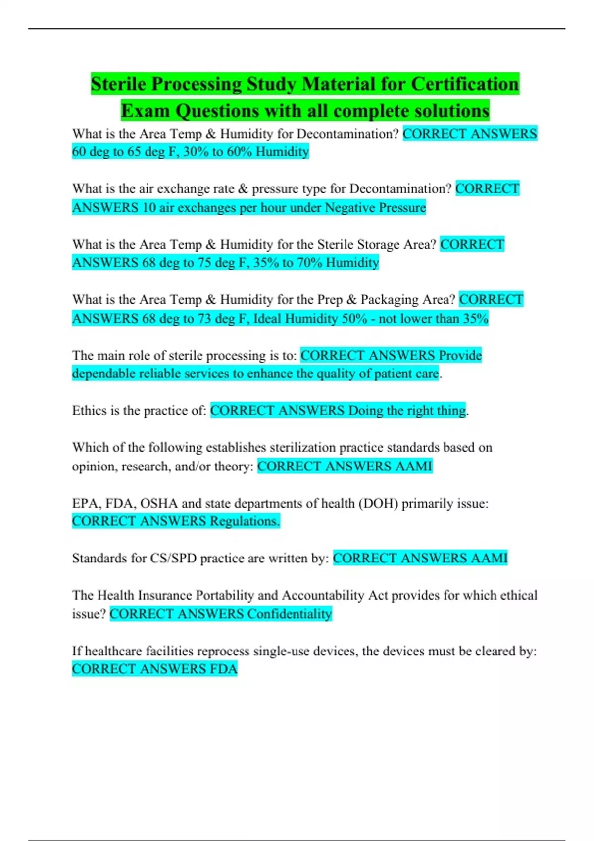 Sterile Processing Study Material For Certification Exam Questions With ...