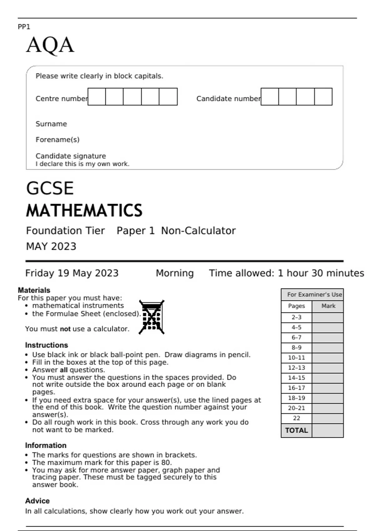 AQA GCSE MATHEMATICS Foundation Tier Paper 1 MAY 2023 FINAL QUESTION ...