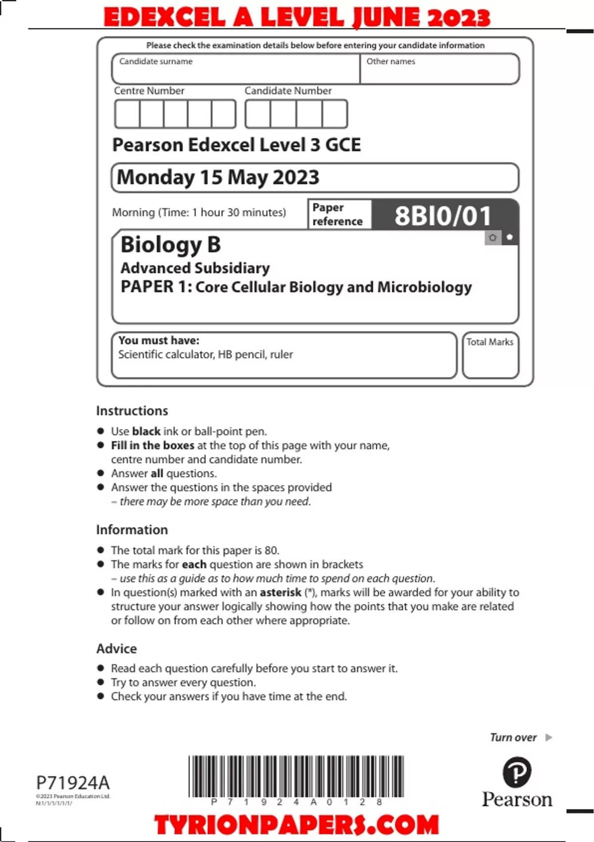 EDEXCEL BIOLOGY B AS LEVEL JUNE 2023 8bI0 PAPER 1 CORE CELLULAR BIOLOGY ...