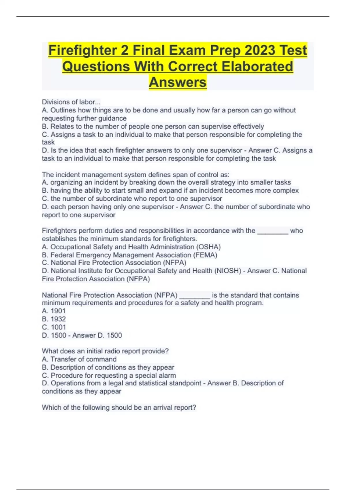 Firefighter 2 Final Exam Prep 2023 Test Questions With Correct