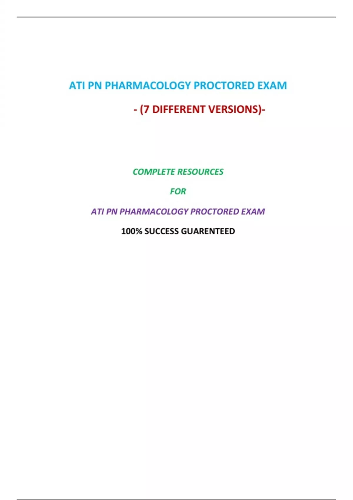 ATI PN Pharmacology Proctored Exam (7 Versions) (NGN, Latest-2023)/ PN ...