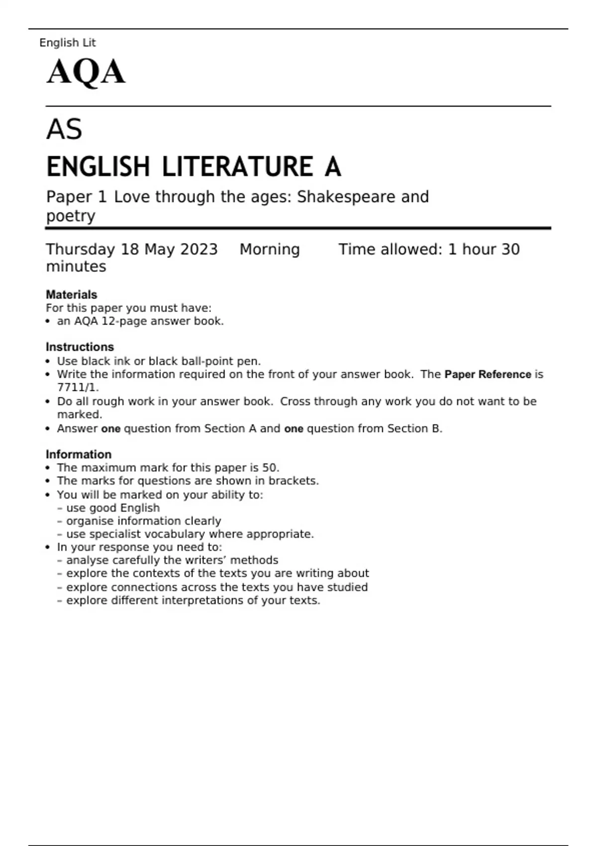 AQA AS ENGLISH LITERATURE A Paper 1 And 2 MAY 2023 QUESTION PAPERS And ...