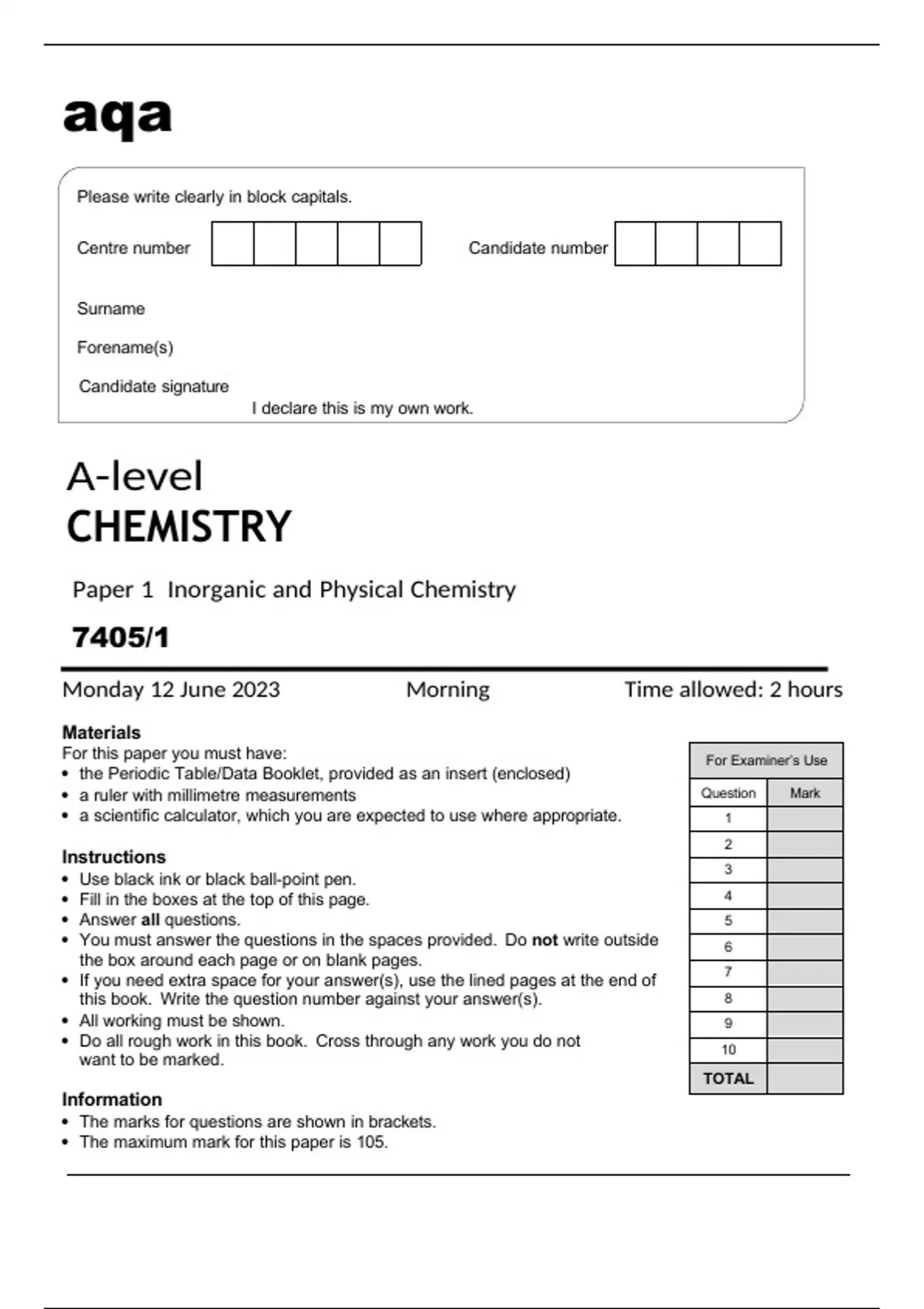 Aqa A Level Chemistry Paper Inorganic And Physical Chemistry