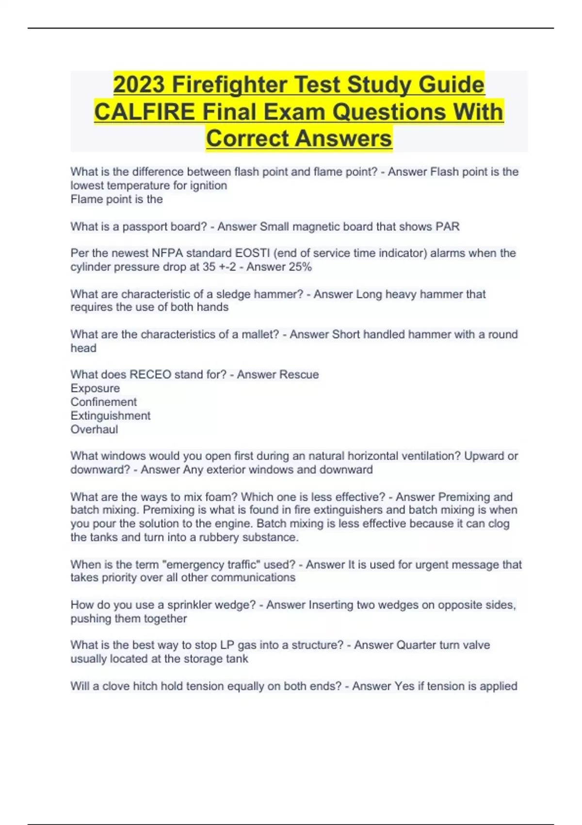 2023 Firefighter Test Study Guide CALFIRE Final Exam Questions With