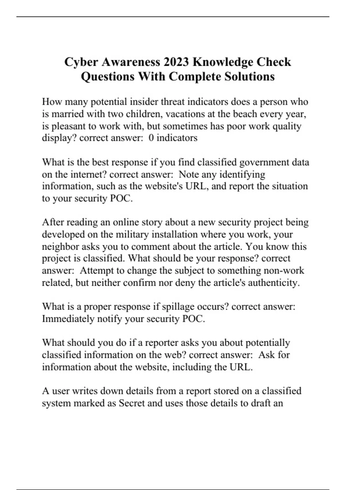 Cyber Awareness 2023 Knowledge Check Questions With Complete Solutions