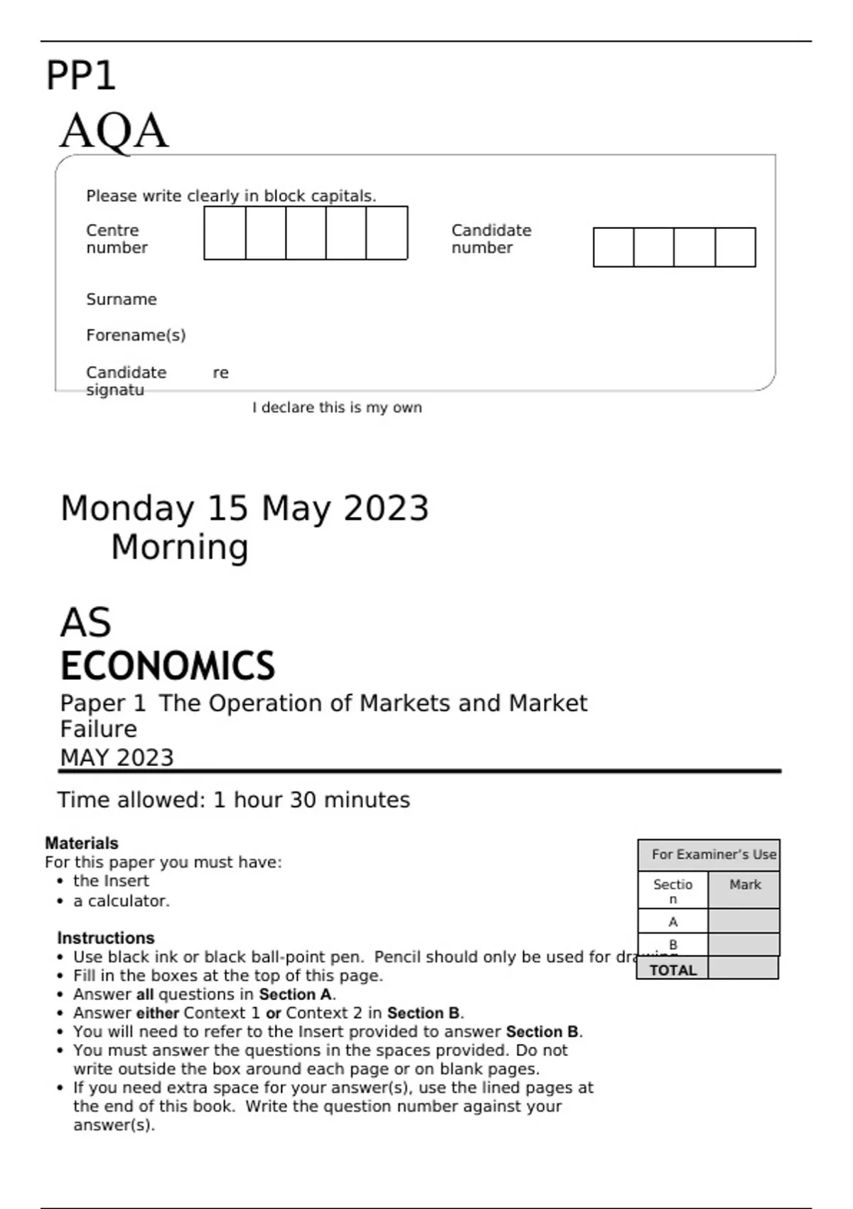 AQA AS LEVEL ECONOMICS Paper 1 MAY 2023 FINAL QUESTION PAPER The ...