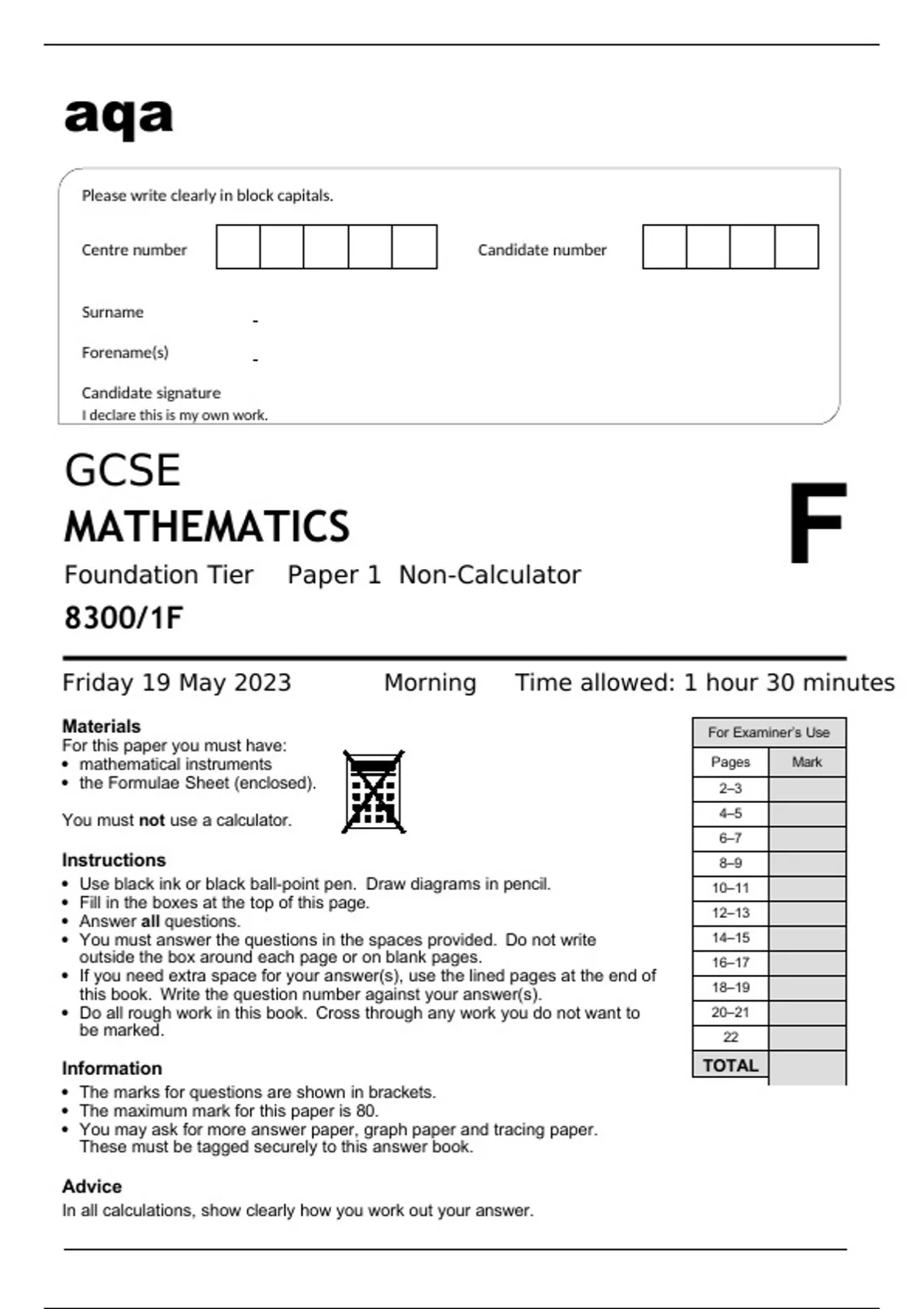 aqa GCSE MATHEMATICS Foundation Tier Paper 1 Non-Calculator ( 8300/1F ...