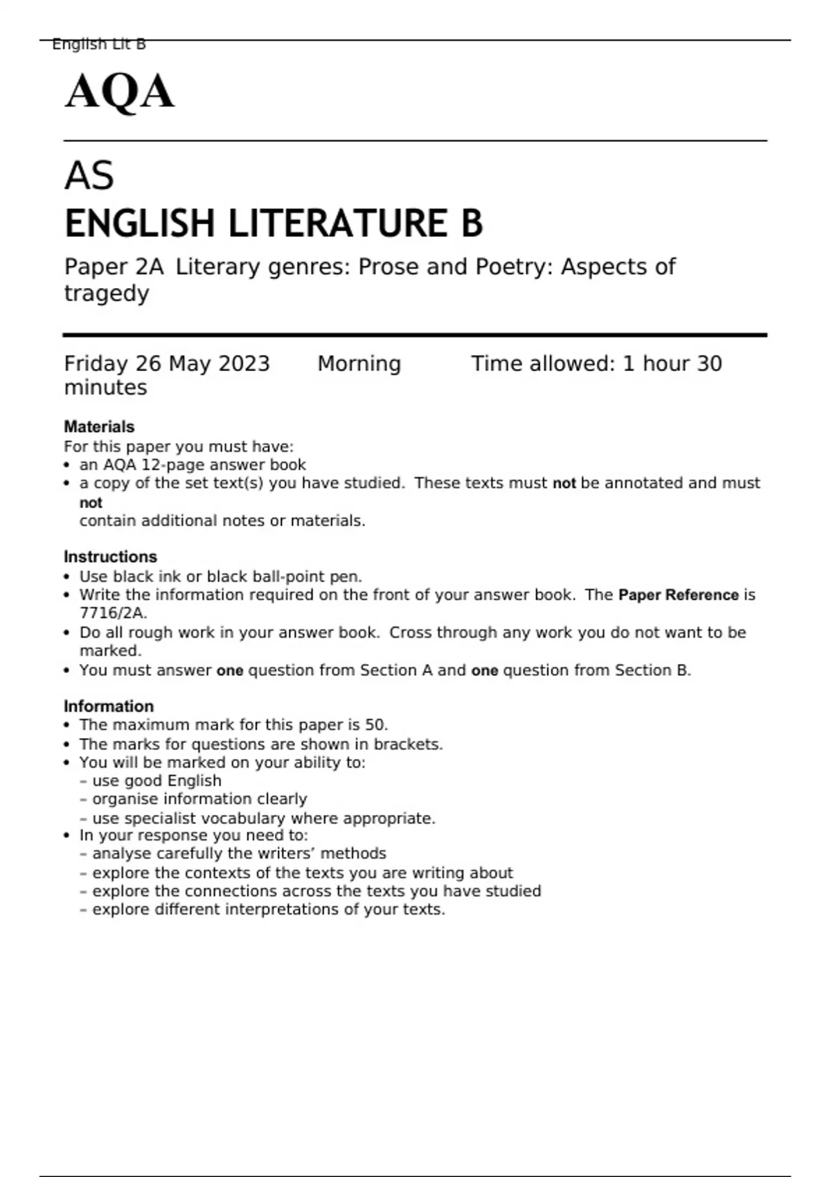 AQA AS ENGLISH LITERATURE B PAPER 2A and 2B JUNE 2023 QUESTION PAPERS ...