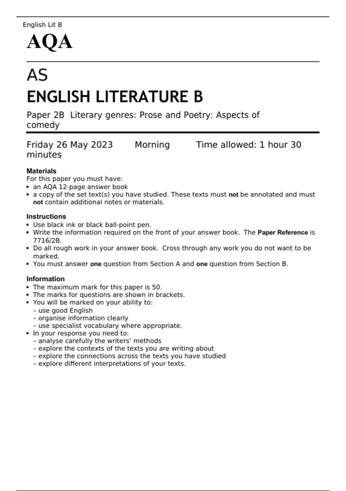 AQA AS ENGLISH LITERATURE B PAPER 2B JUNE 2023 QUESTION PAPER And MARK ...