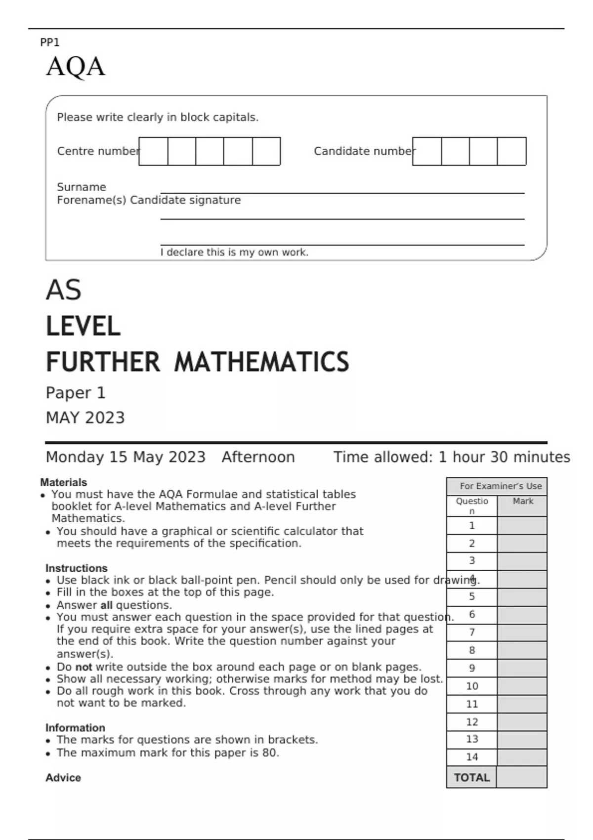 AQA AS LEVEL FURTHER MATHEMATICS Paper 1 MAY 2023 FINAL QUESTION PAPER ...