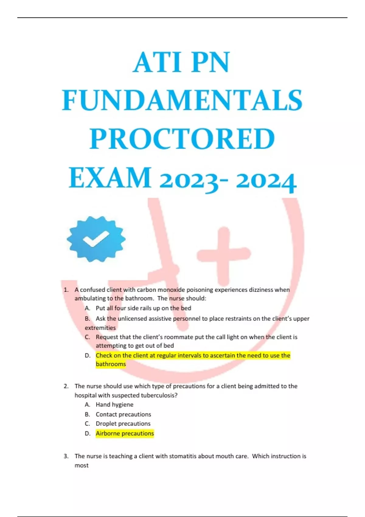 ATI PN FUNDAMENTALS PROCTORED EXAM - ATI PN FUNDAMENTALS - Stuvia US