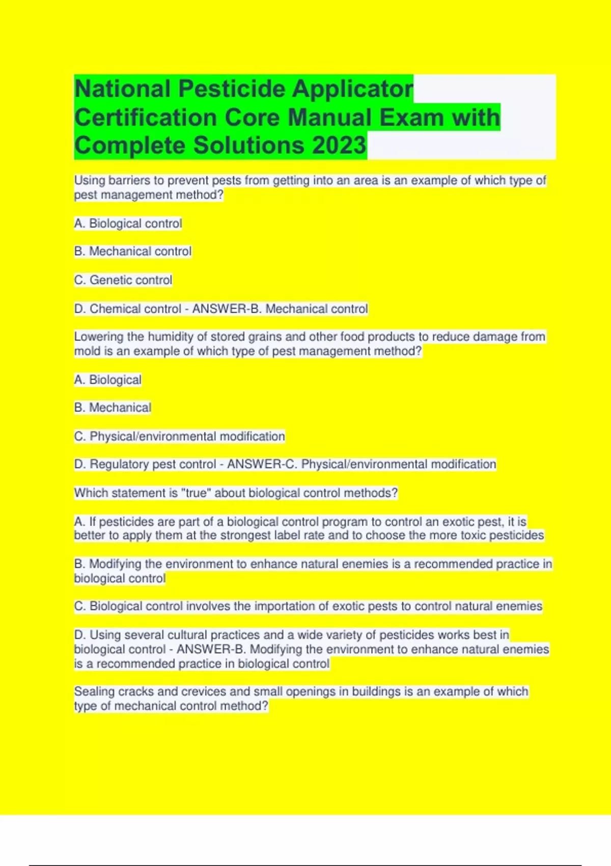 National Pesticide Applicator Certification Core Manual Exam with
