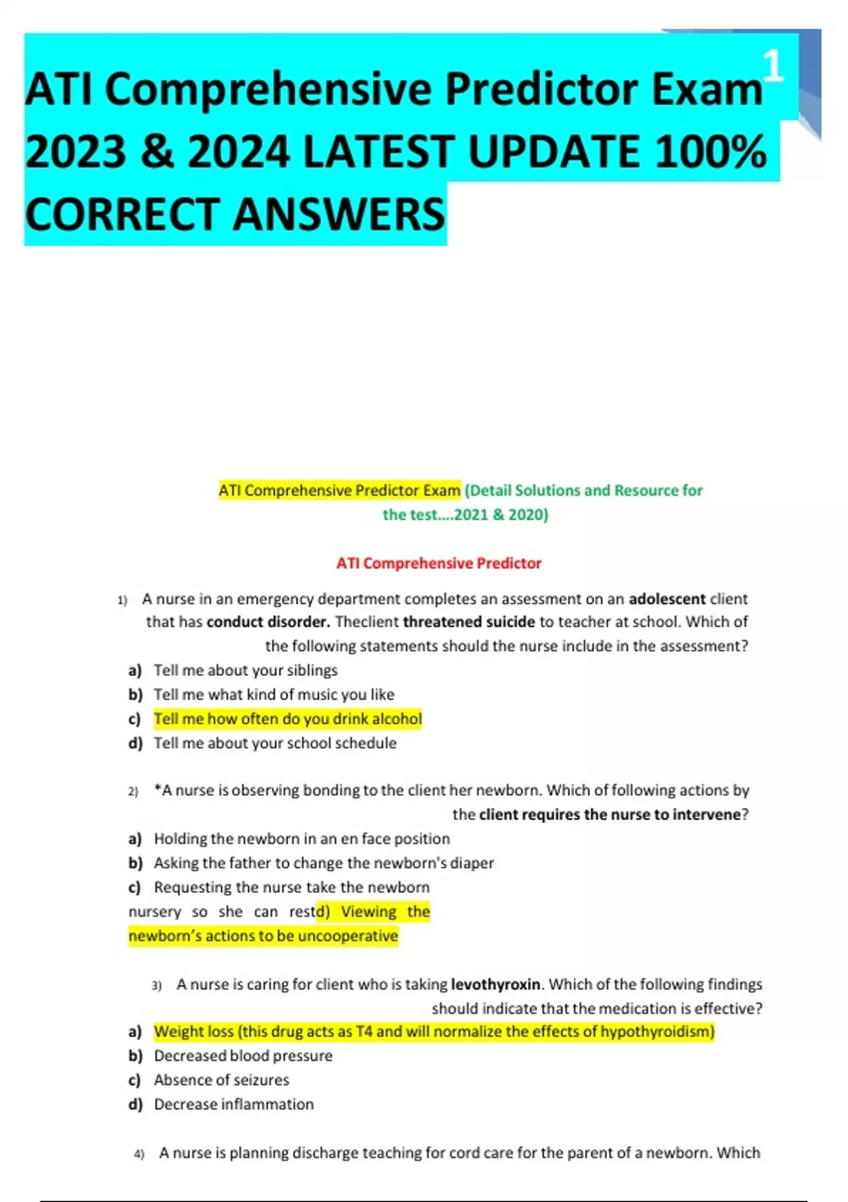 Ati Comprehensive Predictor Exam 1 2023 And 2024 Latest Update 100