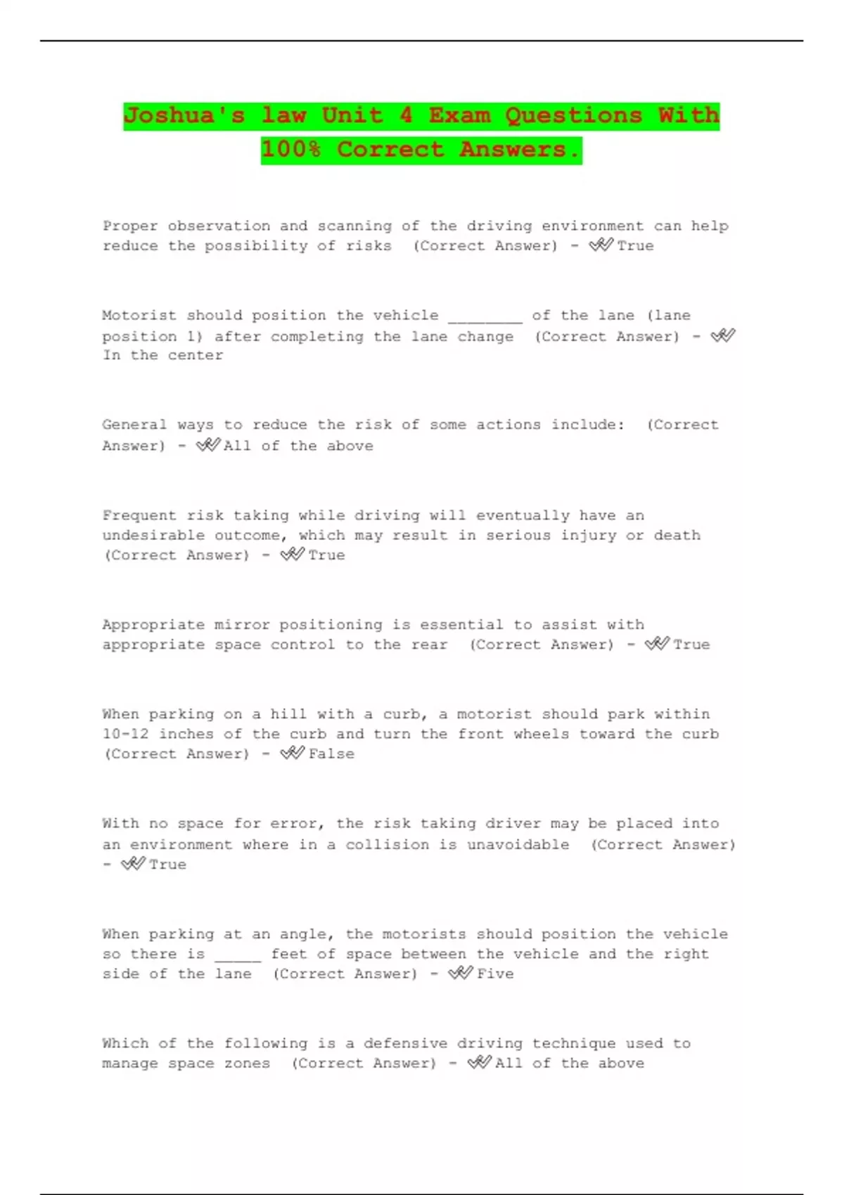 Joshua's law Unit 4 Exam Questions With 100 Correct Answers. Joshua