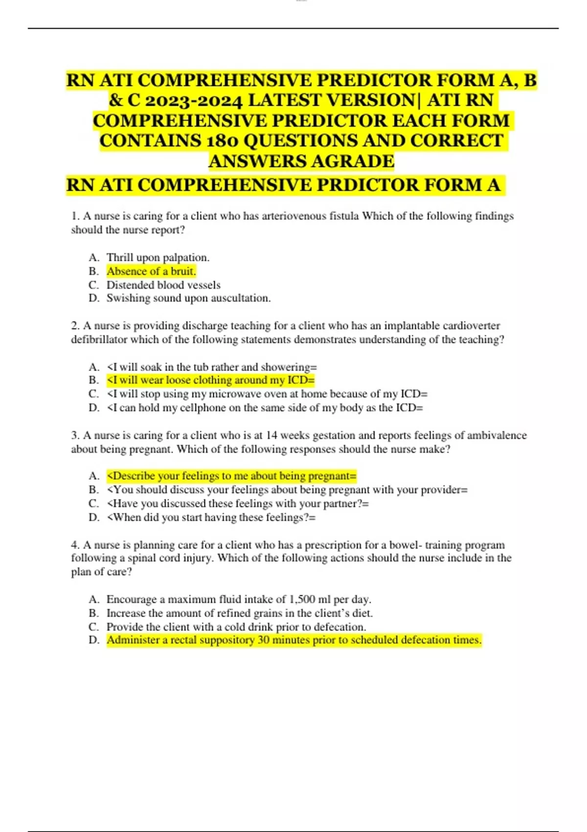 RN ATI COMPREHENSIVE PREDICTOR FORM A, B & C LATEST VERSION| ATI RN ...