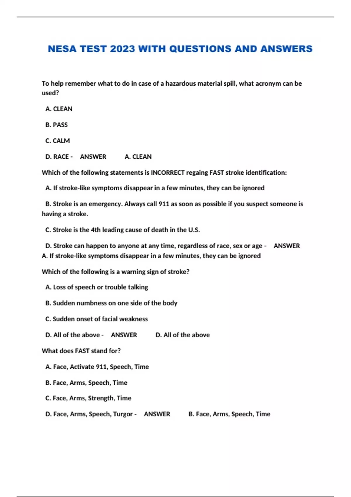 NESA TEST 2023 WITH QUESTIONS AND ANSWERS NESA Stuvia US