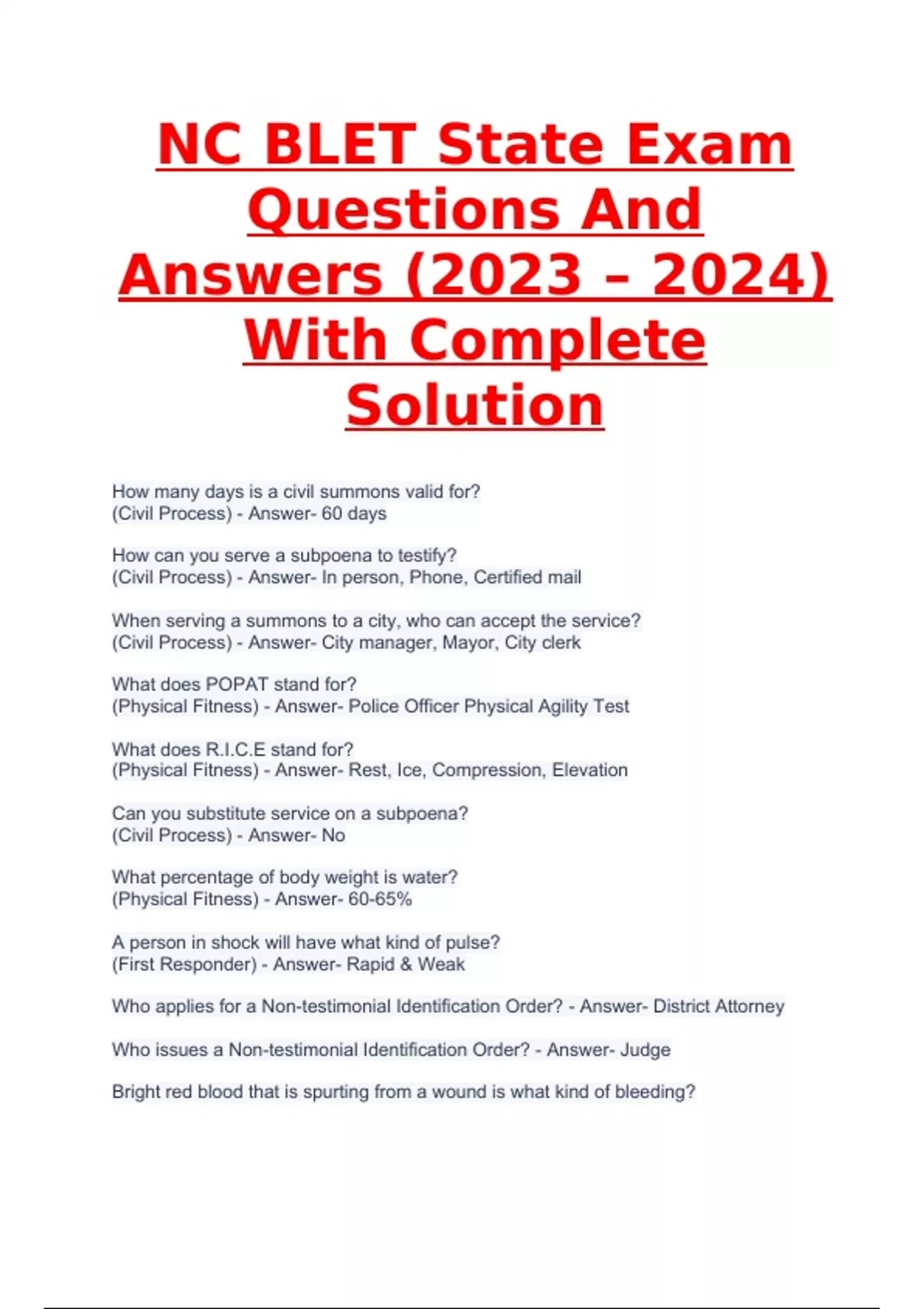 NC BLET State Exam Questions And Answers (2023 2024) With Complete