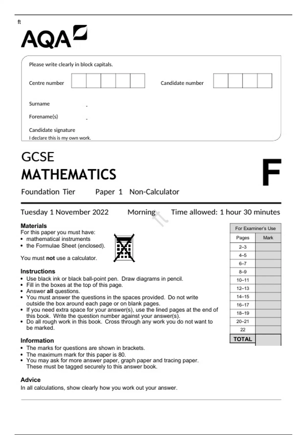 Aqa Gcse Mathematics Paper Foundation Tier November Question Paper Non Calculator Gcse