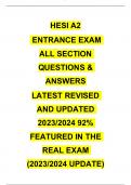 HESI A2 ENTRANCE EXAM ALL SECTION QUESTIONS & ANSWERS LATEST REVISED AND UPDATED 2023/2024 92% FEATURED IN THE REAL EXAM (2023/2024 UPDATE)