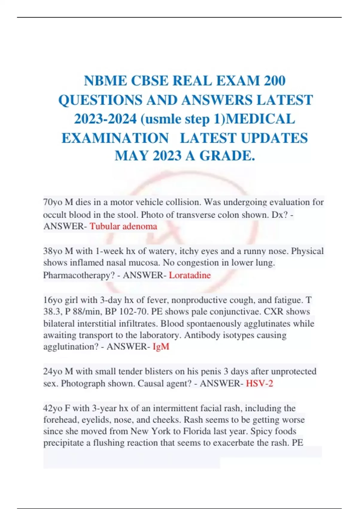 NBME CBSE REAL EXAM 200 QUESTIONS AND ANSWERS LATEST 20232024