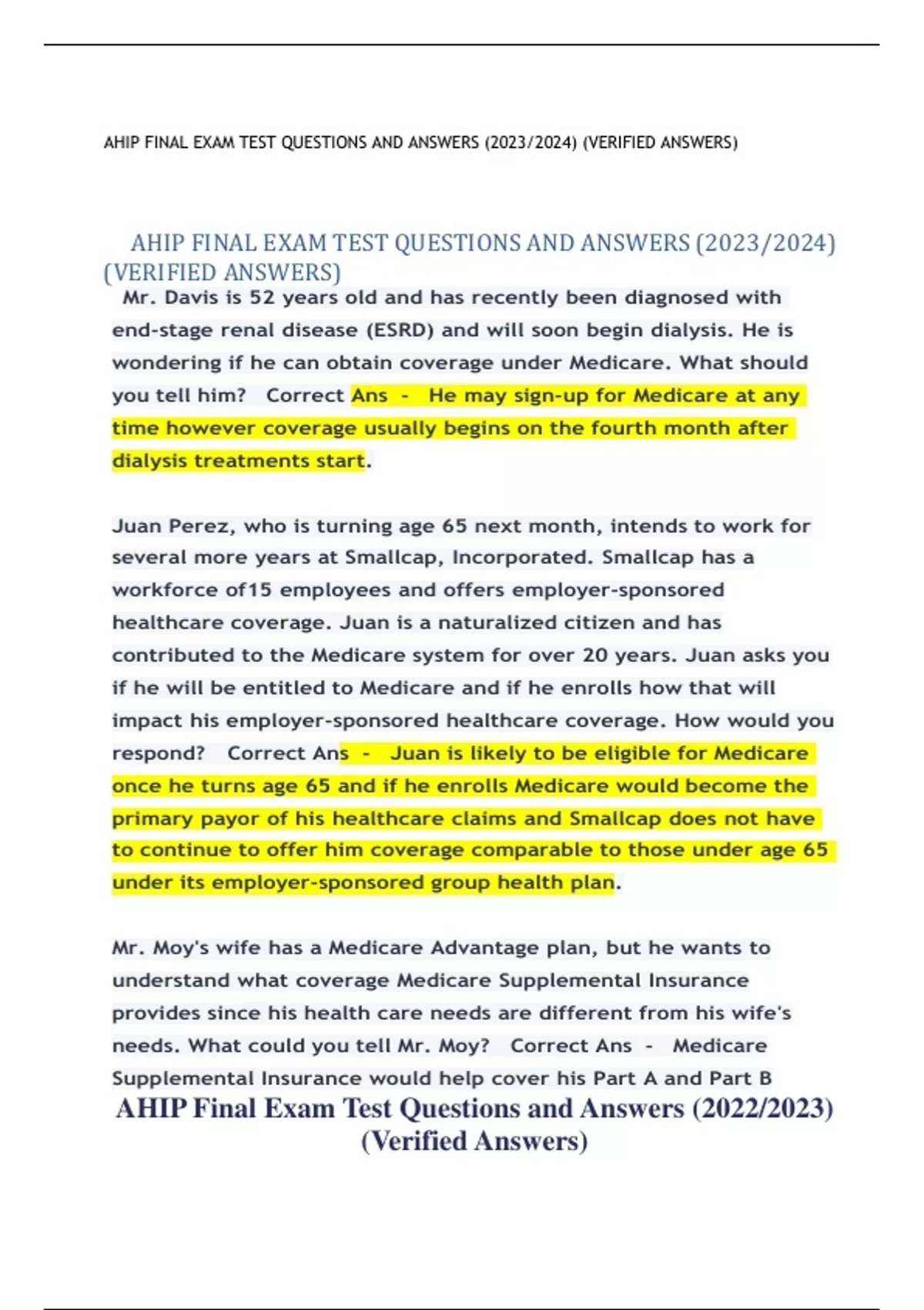 AHIP FINAL EXAM TEST QUESTIONS AND ANSWERS (2023/2024) (VERIFIED