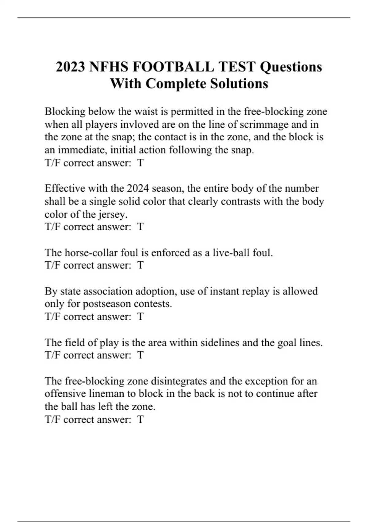 2023 NFHS FOOTBALL TEST Questions With Complete Solutions NFHS