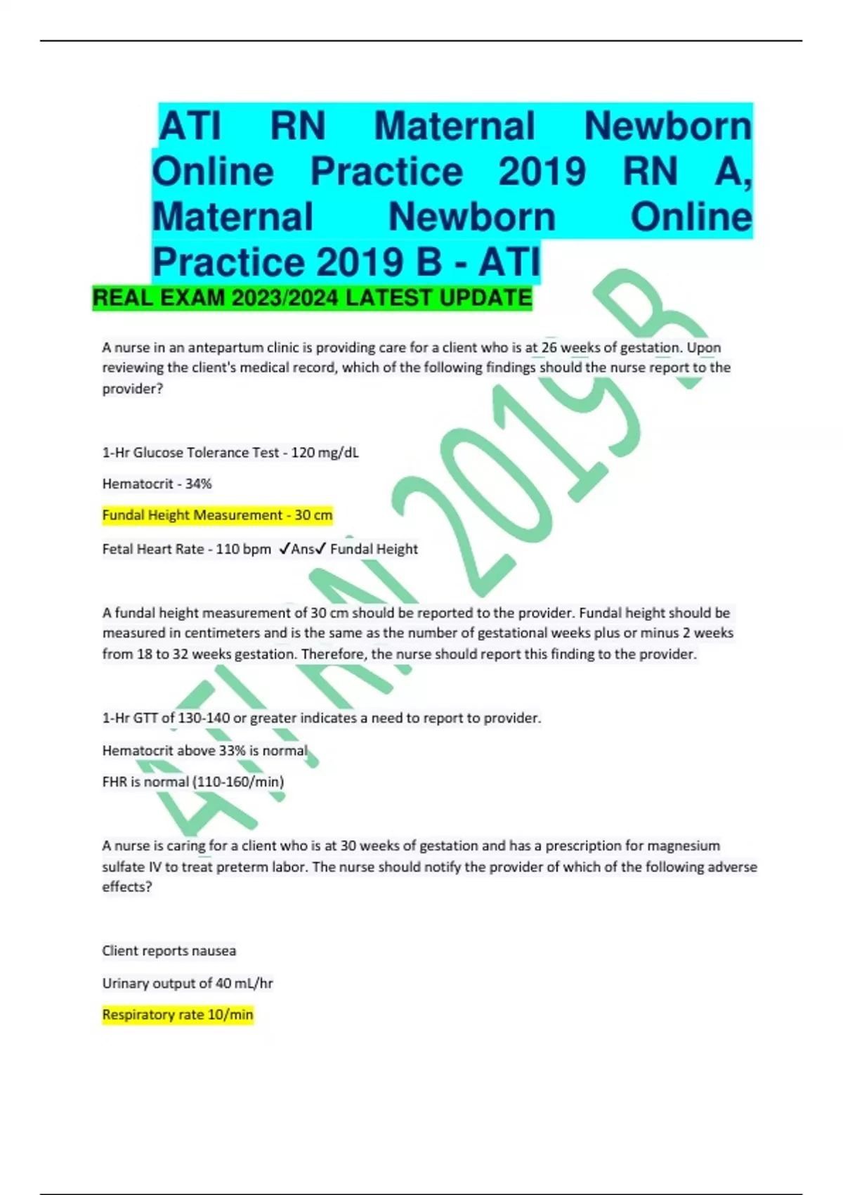 ATI RN Maternal Newborn Online Practice 2019 RN A, Maternal Newborn ...