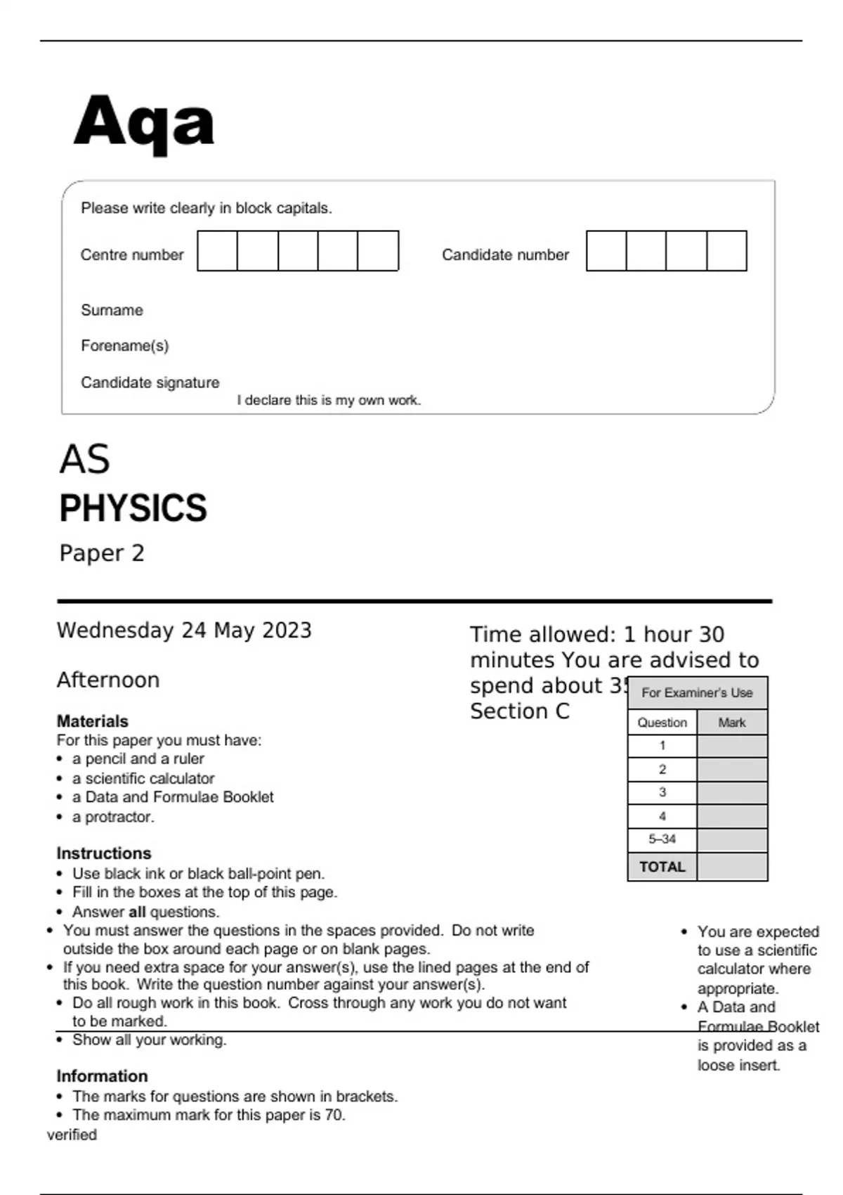 Aqa AS Physics (7407/2) Question Paper And Mark Scheme June2023 ...