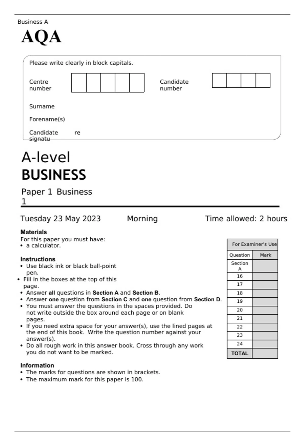 AQA A level BUSINESS Paper 1 and 2 MAY 2023 QUESTION PAPERS - Stuvia US