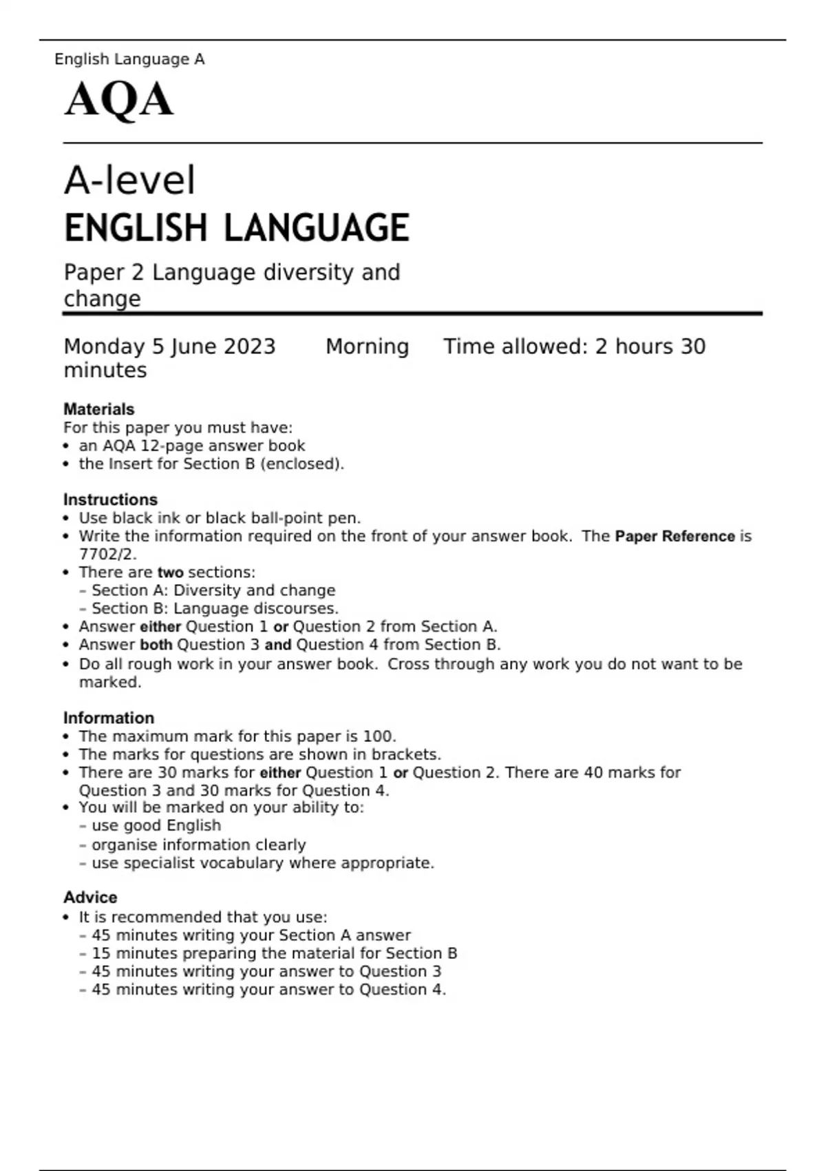 AQA A level ENGLISH LANGUAGE Paper 2 JUNE 2023 QUESTION PAPER: Language ...