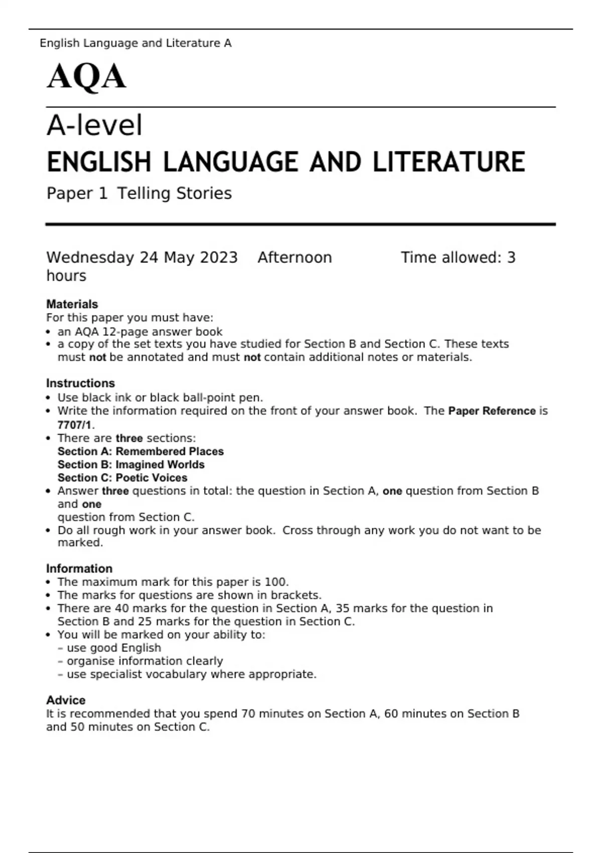 AQA A level ENGLISH LANGUAGE AND LITERATURE Paper 1 MAY 2023 QUESTION ...