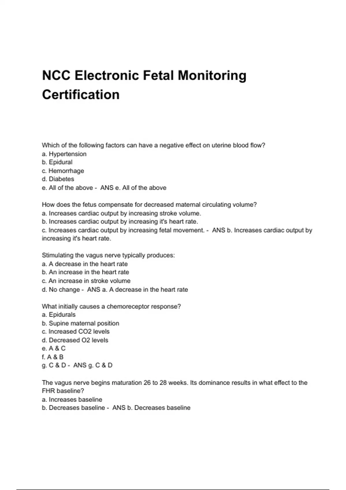 NCC Electronic Fetal Monitoring Certification Questions & Answers 2023 ...